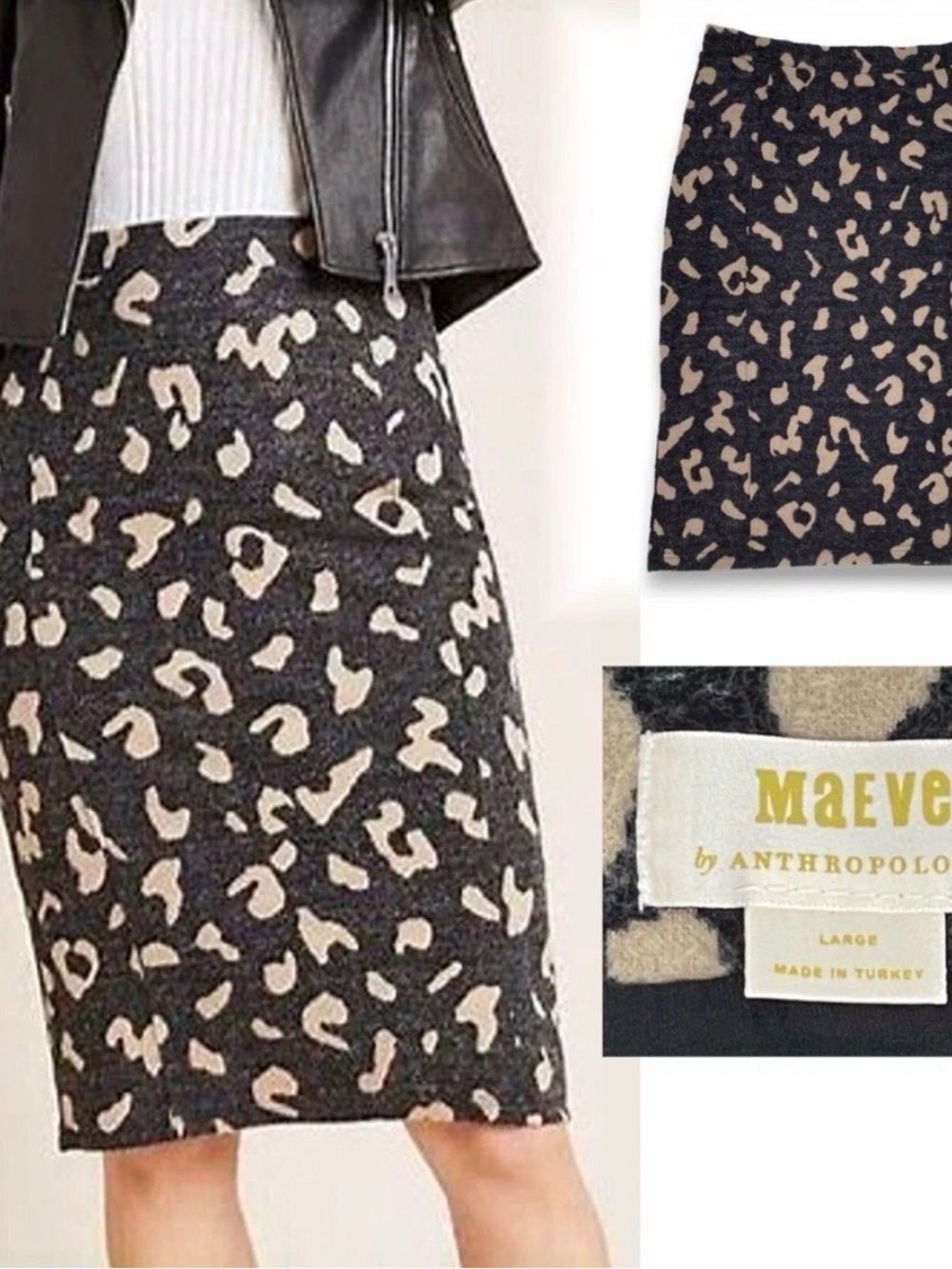 Anthropologie Black and Cream Leopard-Print Pencil Skirt